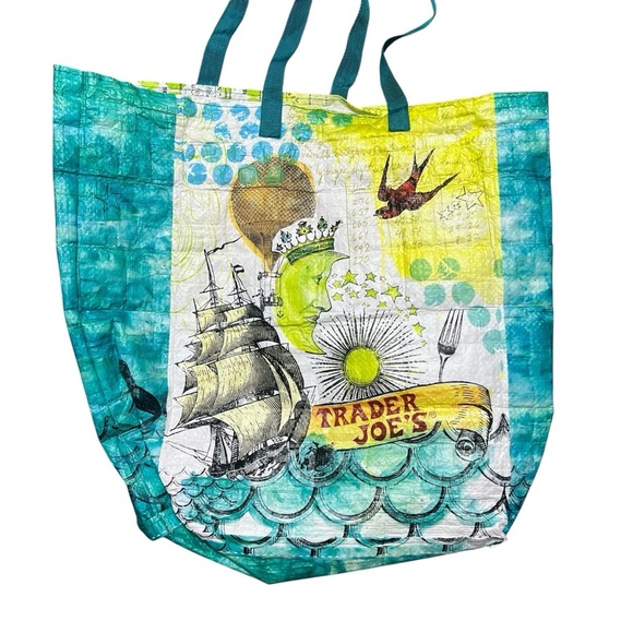 2 Rare Trader Joe's Reusable Grocery Shopping Bag Pirate Ship Crab Moon Map - Picture 2 of 8